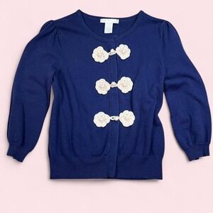 Vintage Design History Blue Cardigan Crotchet Flower Size Medium 3/4‎ Sleeve